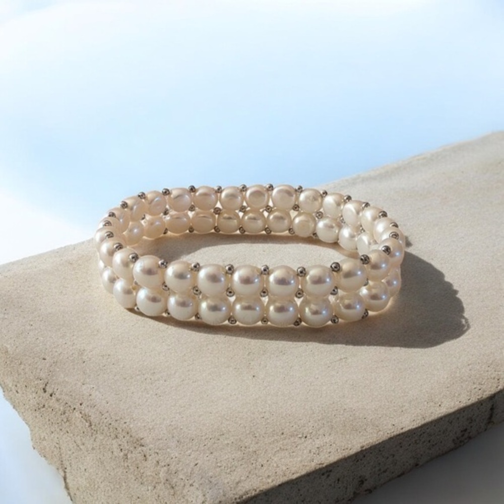 Two-Strand Freshwater Button Pearl Stretch Bracelet With Silver-Tone: Bridal